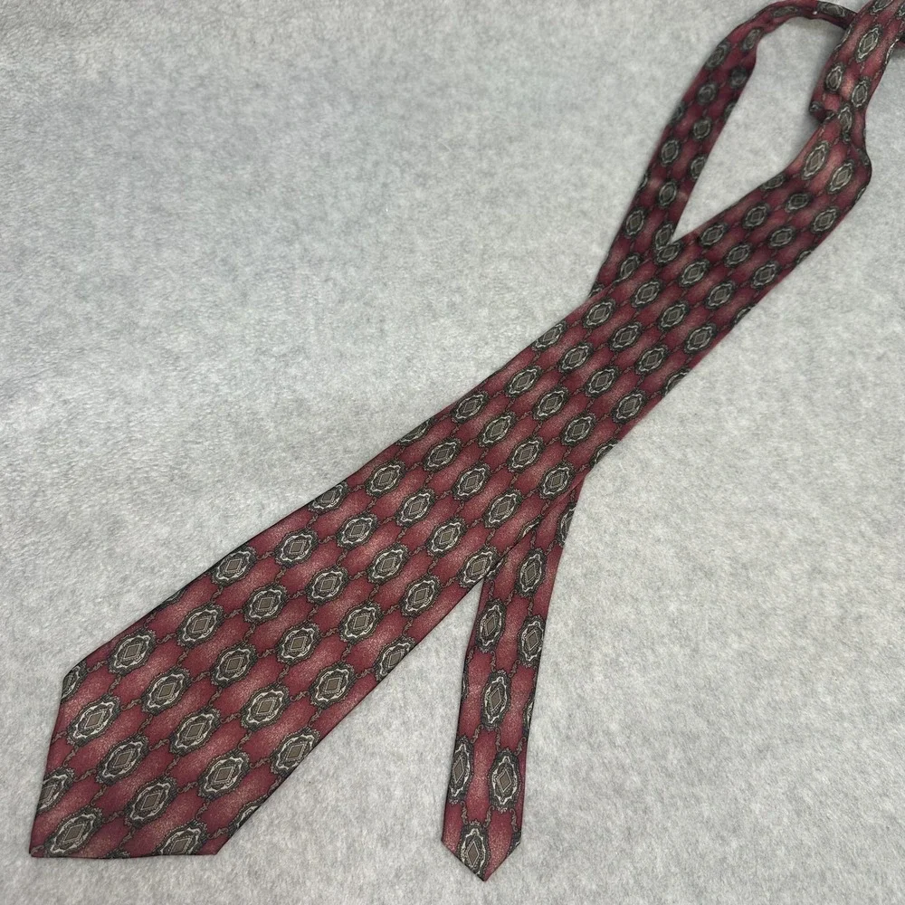 Henry Grethel Tie Mens One‎ Size Burgundy Silk Geometric Medallion Made in USA
